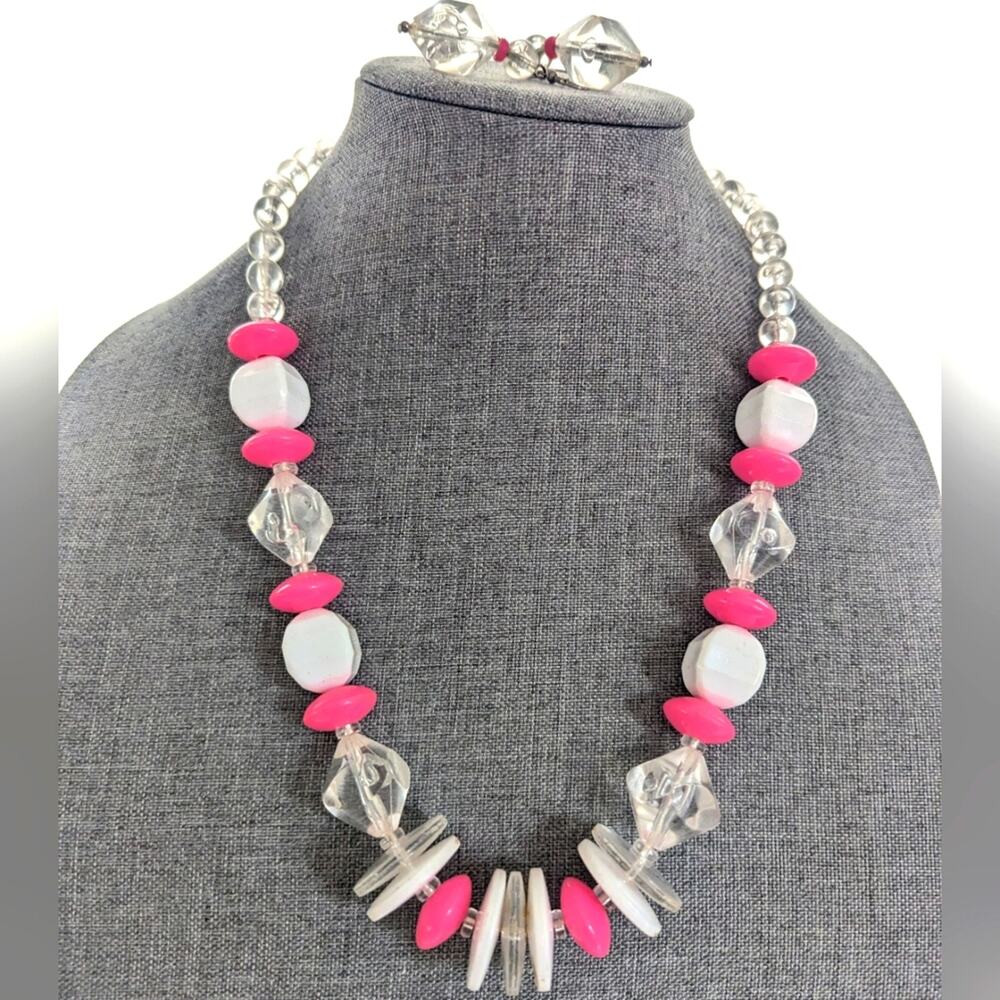Vintage Retro Lucite Pink Chunky Beaded Barbie Necklace Hook Earrings Set